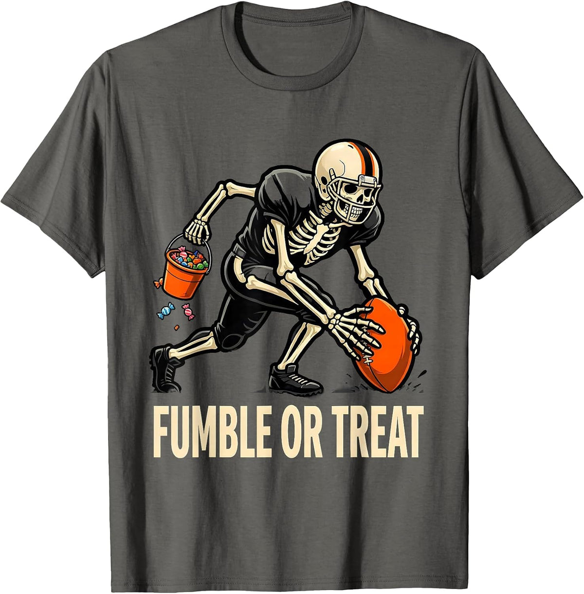 Men's Fumble Or Treat Cartoon Skeleton Football Halloween Costume T-Shirt - Asphalt Grey