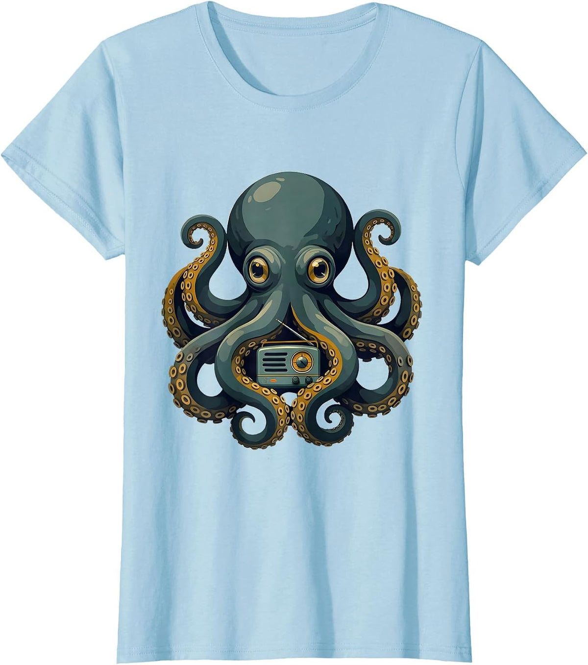 Octopus Vintage Radio Midcentury Modern Sea Creature Art T-Shirt - Baby Blue