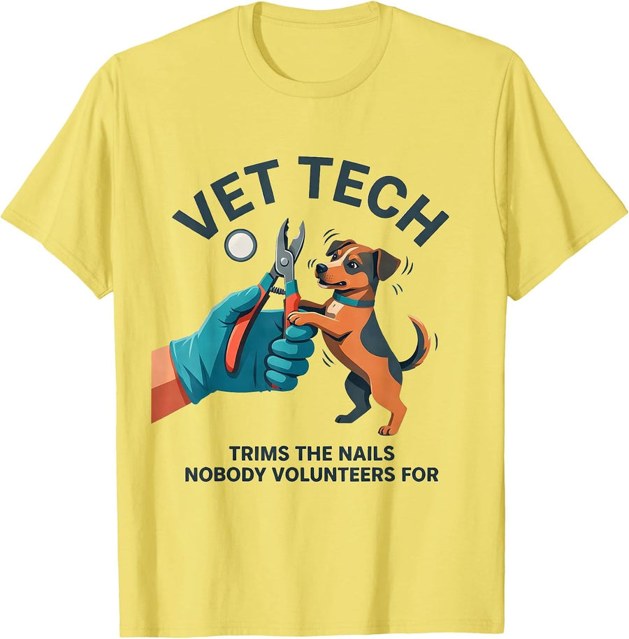 Men's Vet Tech: Trims The Nails Nobody Volunteers For Funny T-Shirt - Lemon Yellow