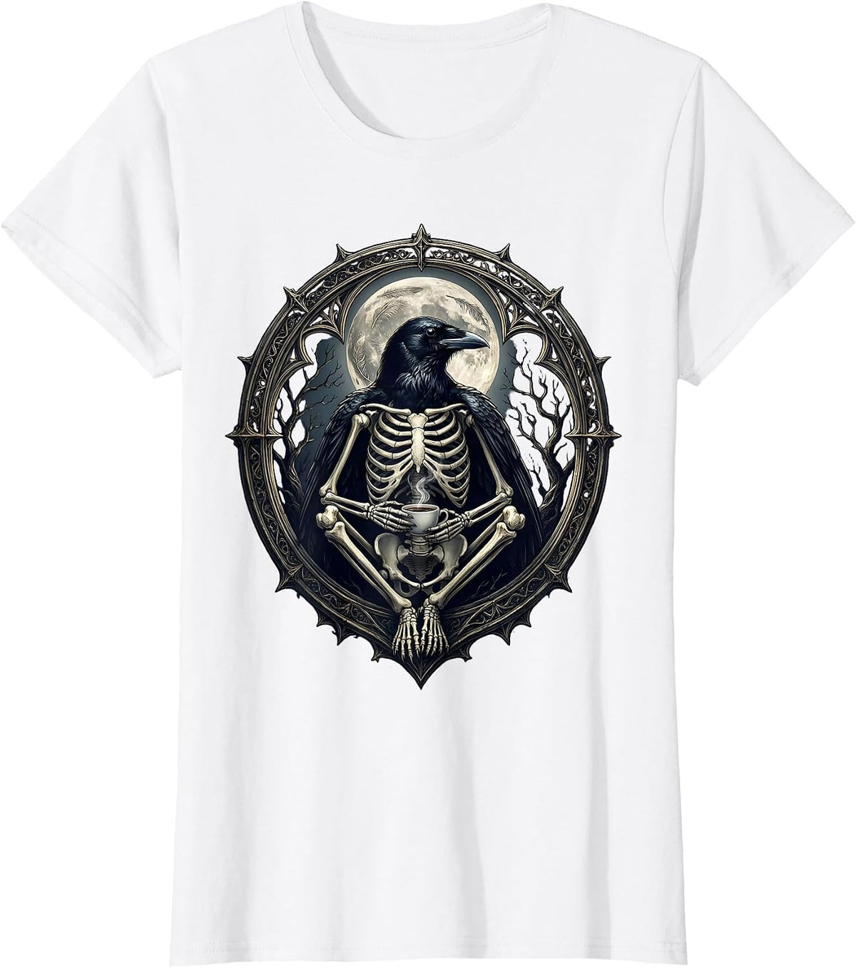 Crow Skeleton Sipping Coffee in Moonlight T-Shirt - White