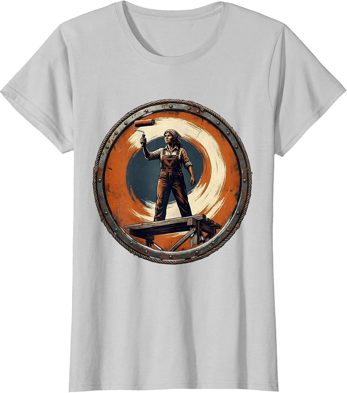 Labor Day Painter on Scaffold Wall Illustration T-Shirt - Silver Grey