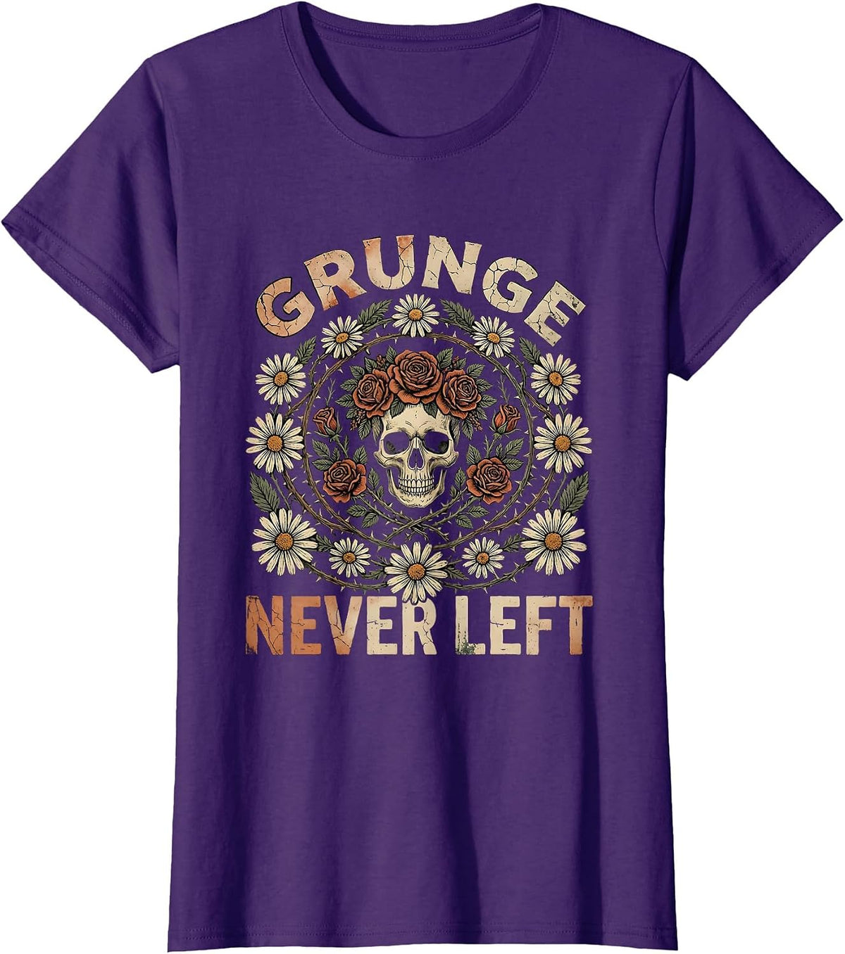 Women's Grunge Never Left Bold Retro Rock Design T-Shirt - Purple