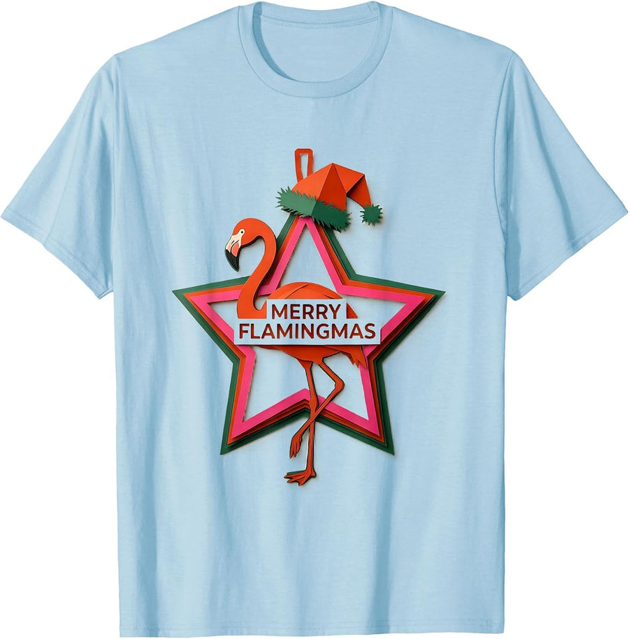 Men's Merry Flamingmas Pink Flamingo Christmas Star Ornament T-Shirt - Baby Blue