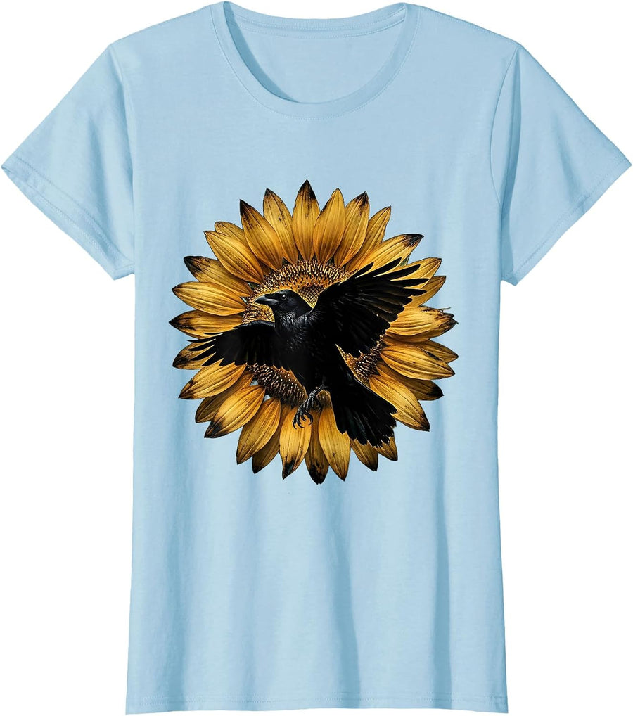 Women's Crow Silhouette Blooming Sunflower Graphic T-Shirt - Baby Blue