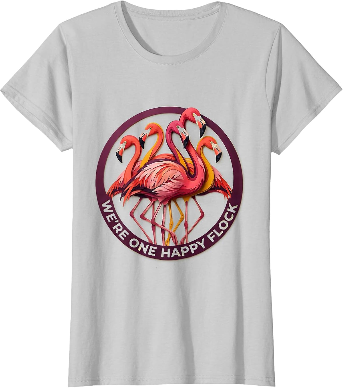 Women's We're One Happy Flock Paper Cutout Flamingo Novelty Bird T-Shirt - Silver Grey