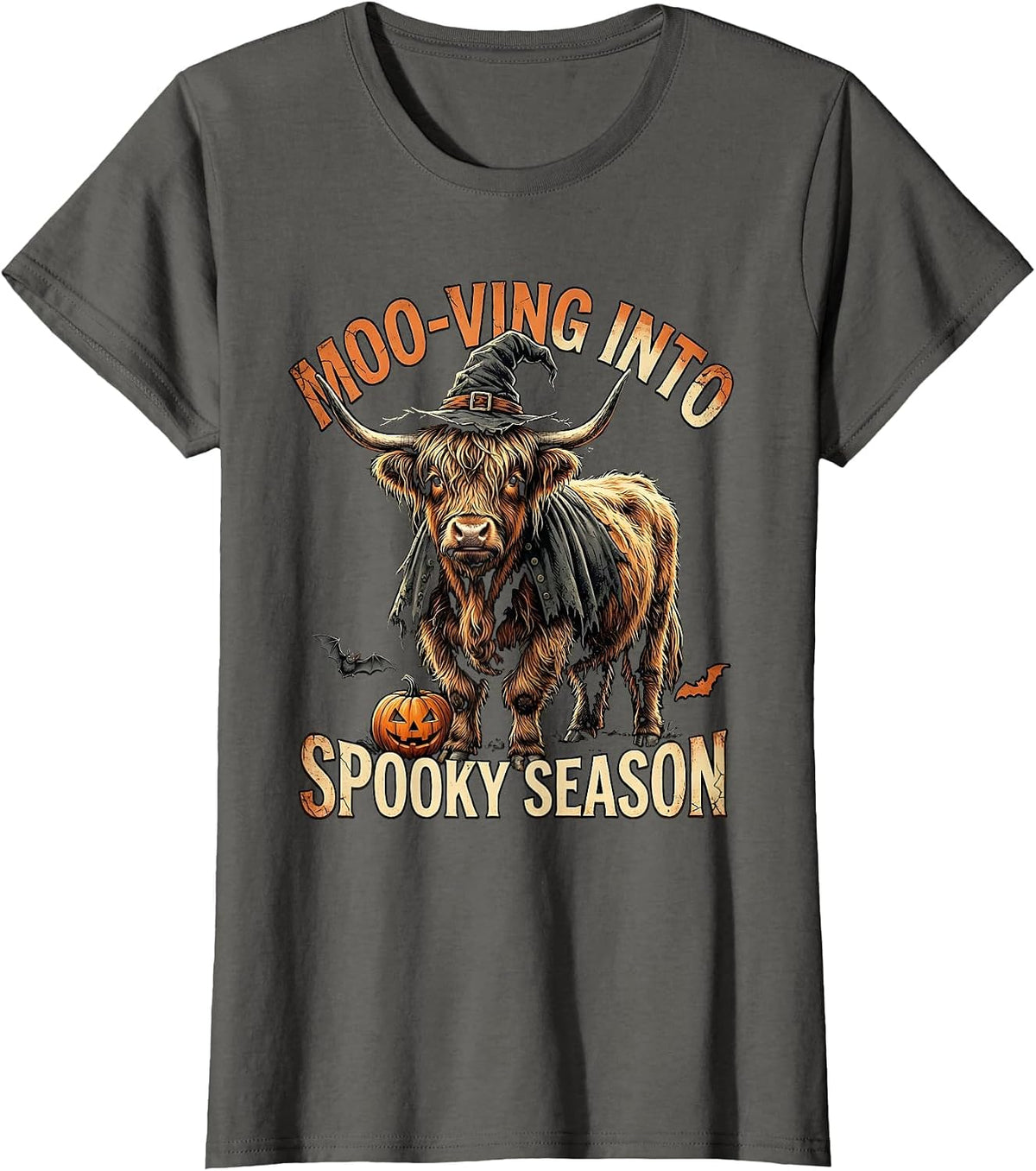 Women's Moo-ving Into Spooky Season Distressed Highland Cow T-Shirt - Asphalt Grey
