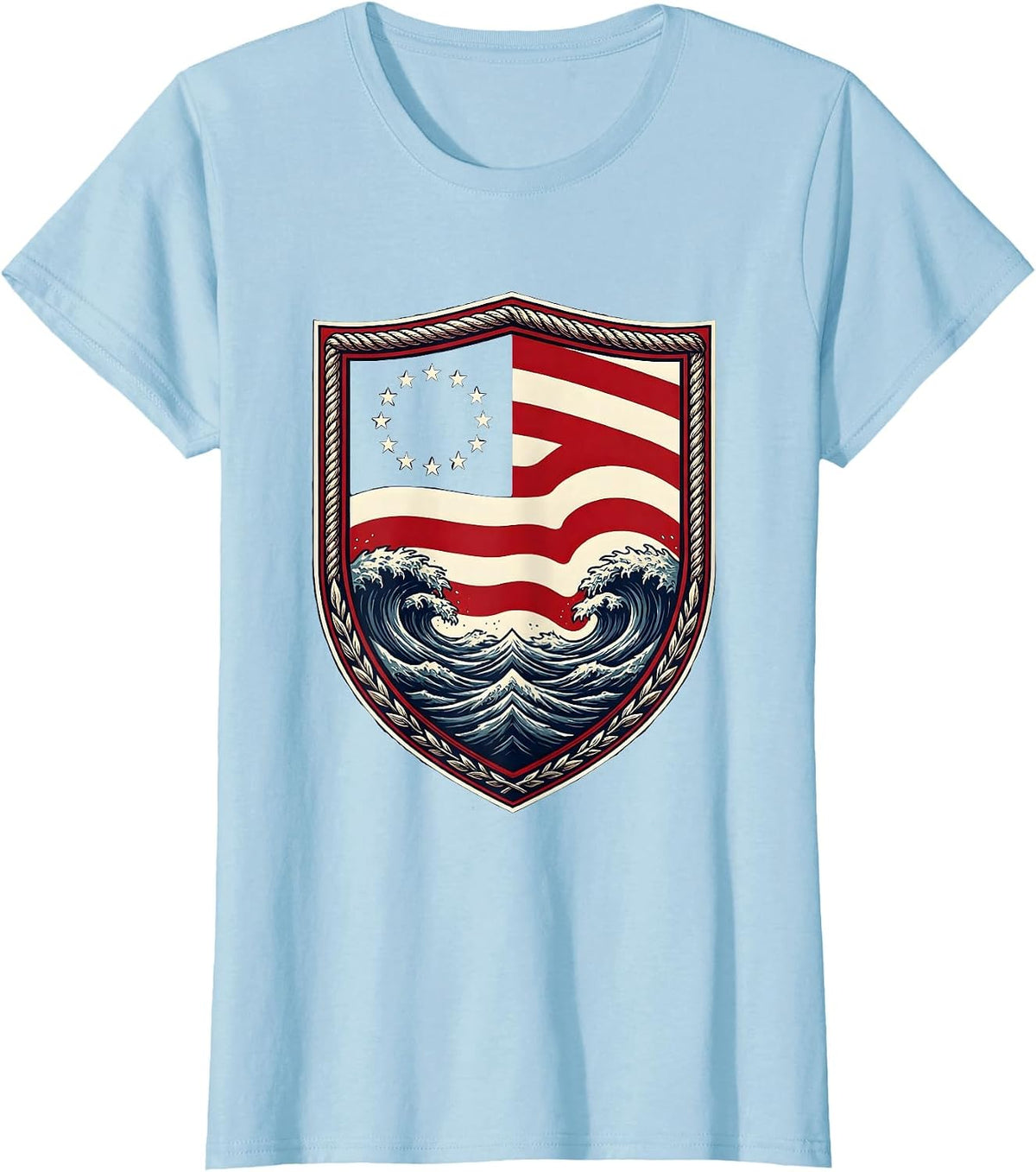 American Flag Stripes Melting Into Ocean Waves T-Shirt - Baby Blue