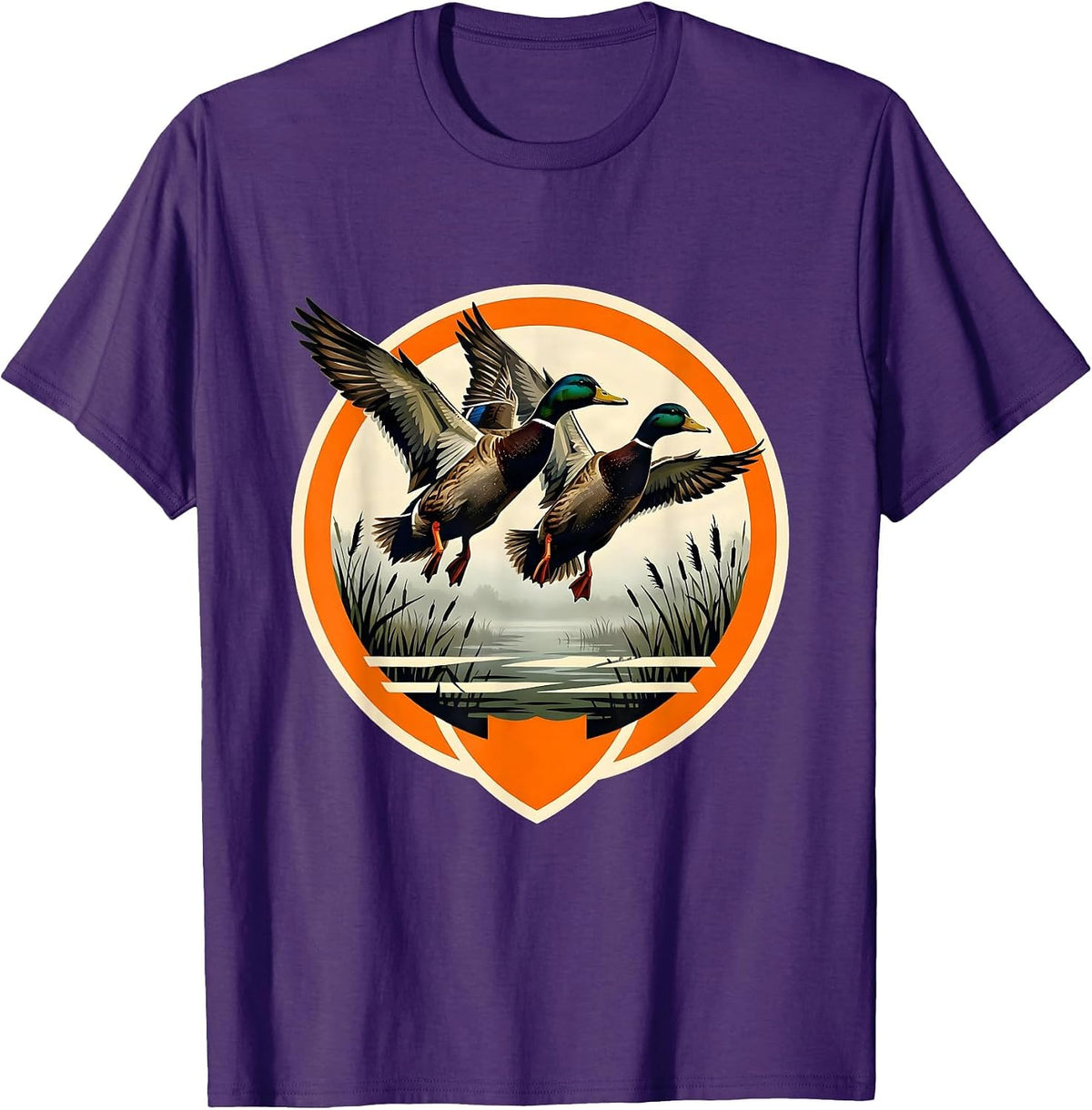 Men's Mallard Duck Camo Foggy Marsh Landing Art T-Shirt - Purple