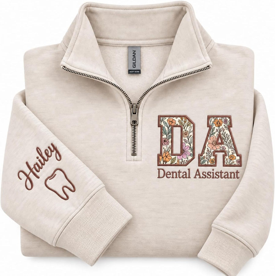 Personalized Profession Floral Embroidered Quarter Zip Sweatshirt, Custom Workwear for Office, Clinic, Professional Gifts -