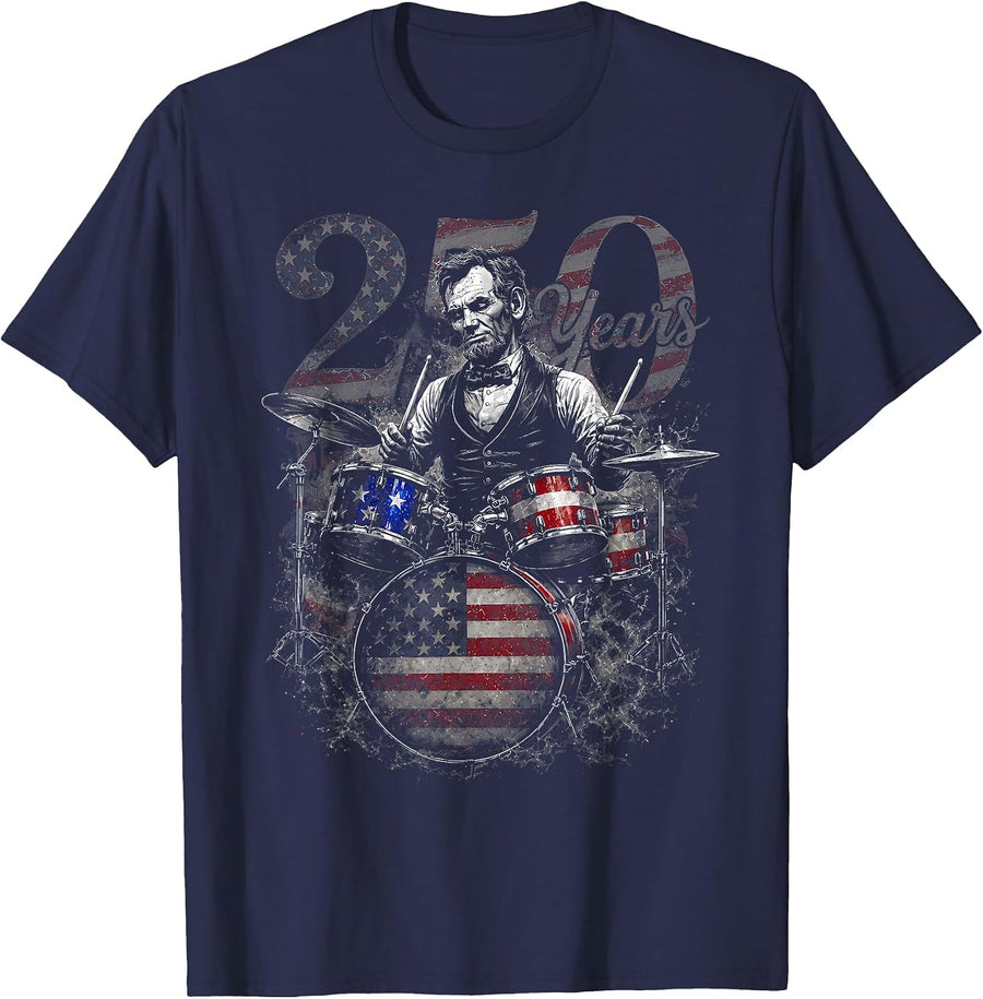 Abraham Lincoln 4th July Abe Lincoln Playing Drums 250 Years T-Shirt - Navy Blue