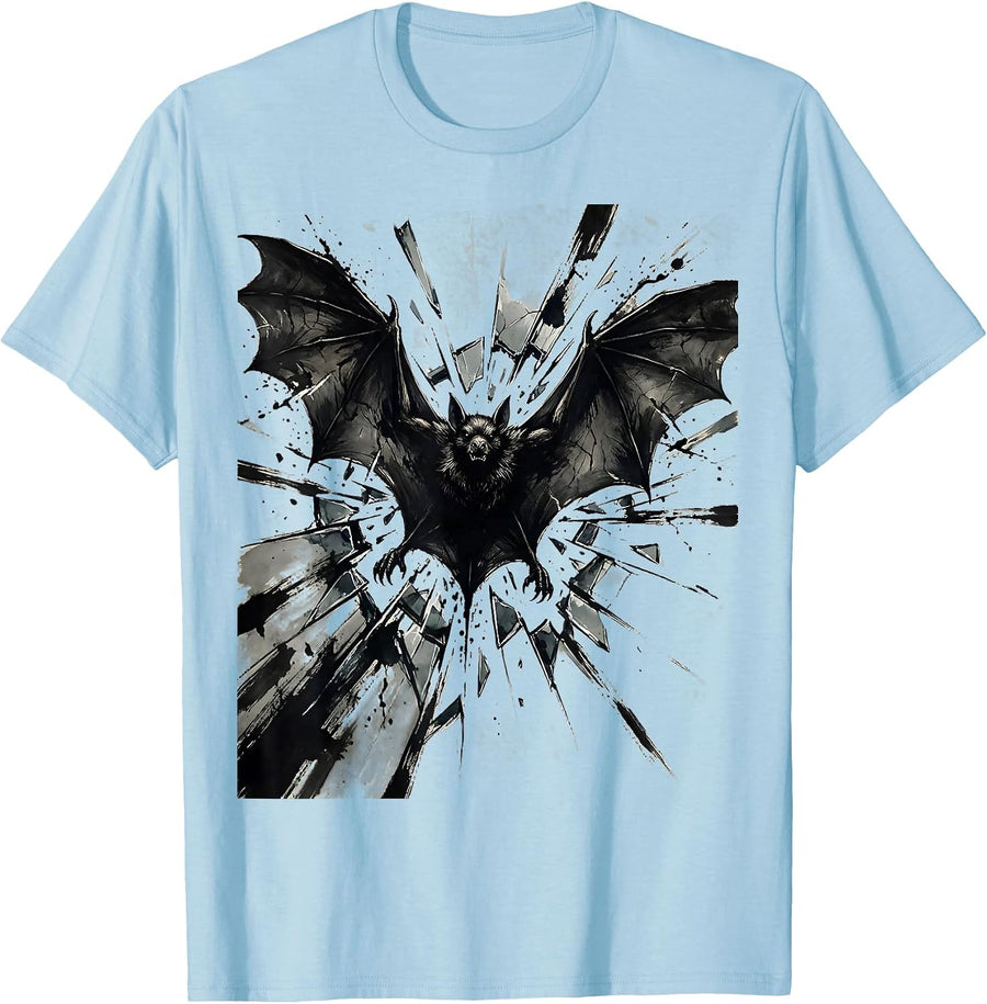 Men's Grunge Bat Shattered Window Dark Art Design T-Shirt - Baby Blue