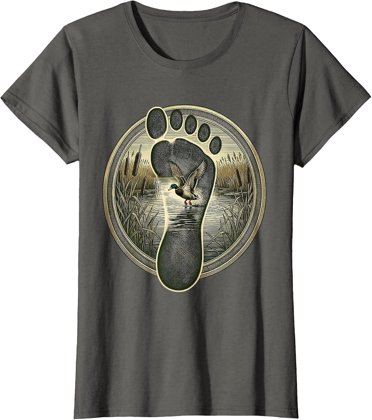 Women's Duck Camo Marsh Scene Duck Footprint Graphic T-Shirt - Asphalt Grey