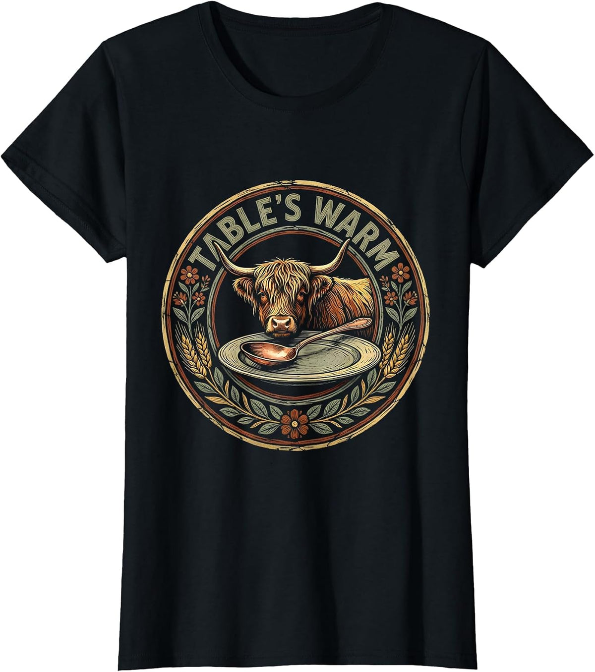 Women's Table's Warm Boho Folk Highland Cow Thanksgiving Gratitude T-Shirt - Black