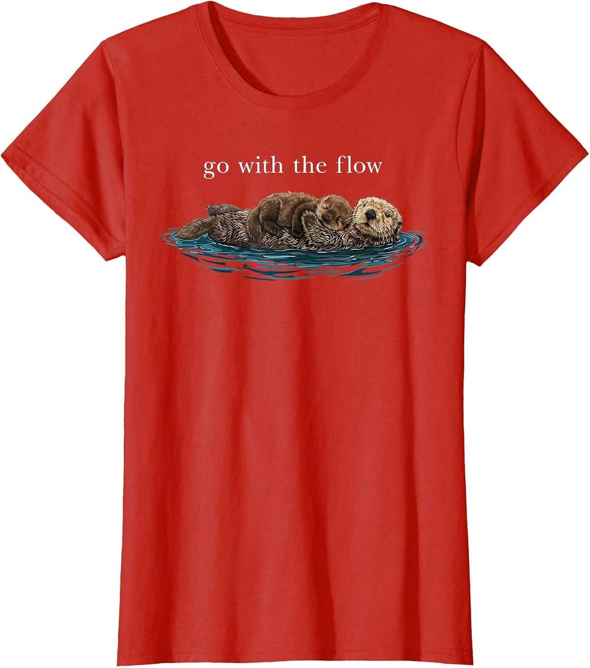 Go with The Flow Otter Floating Calm Nature Art T-Shirt - Red