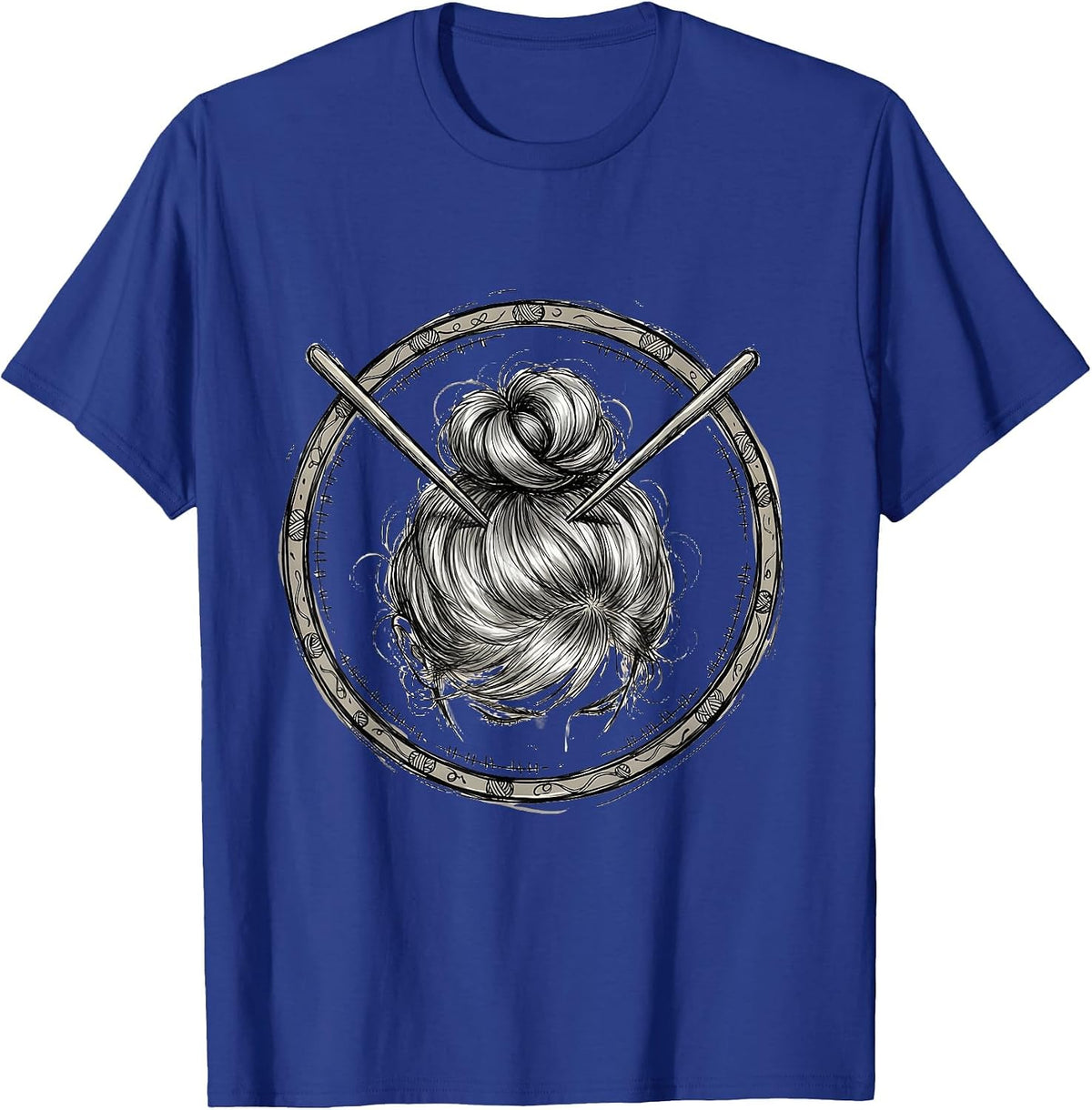 Nana Knitting Silver Bun Illustration T-Shirt - Royal Blue