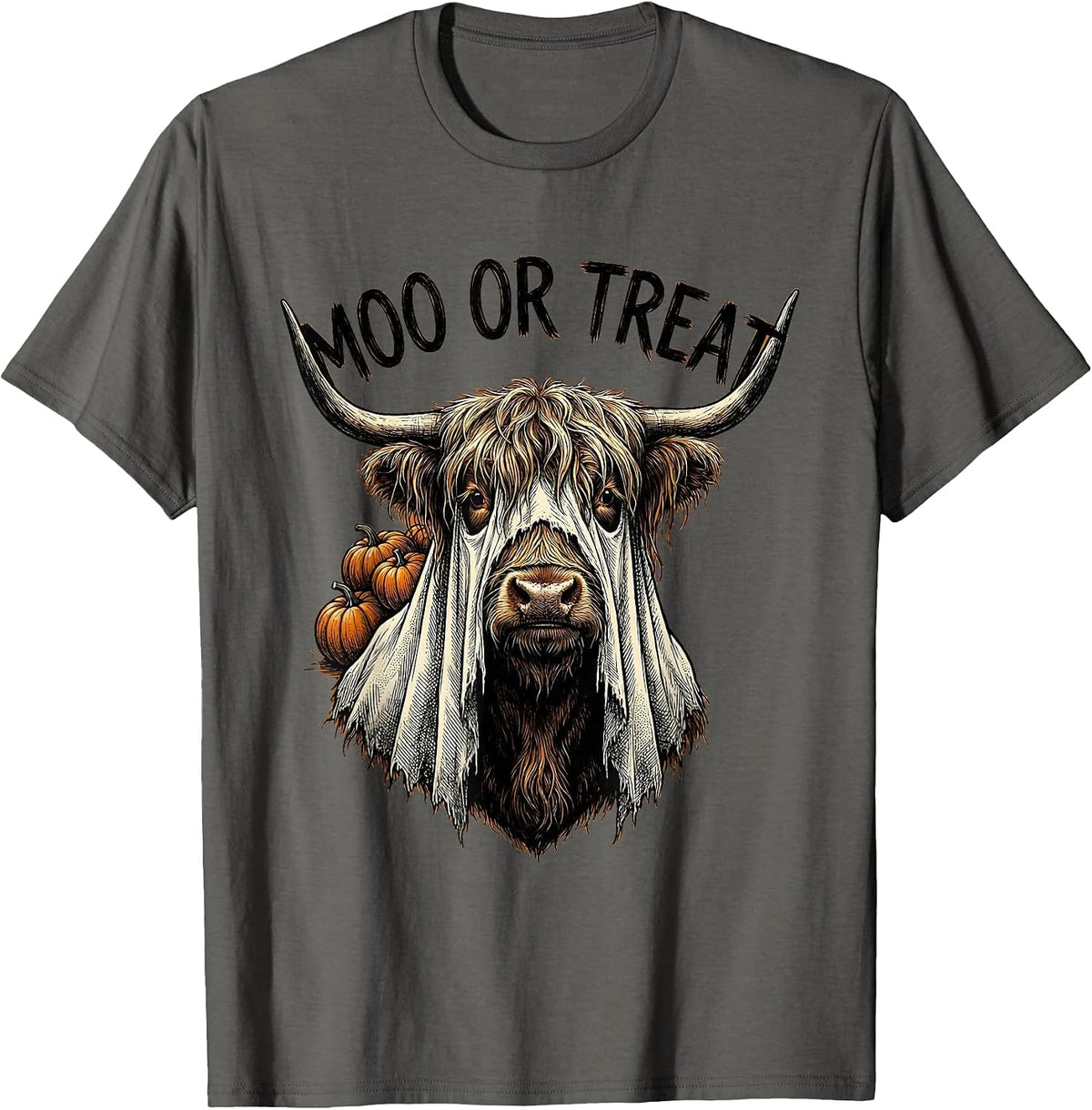 Moo Or Treat Vintage Highland Cow Halloween Pumpkin Ghost T-Shirt - Asphalt Grey