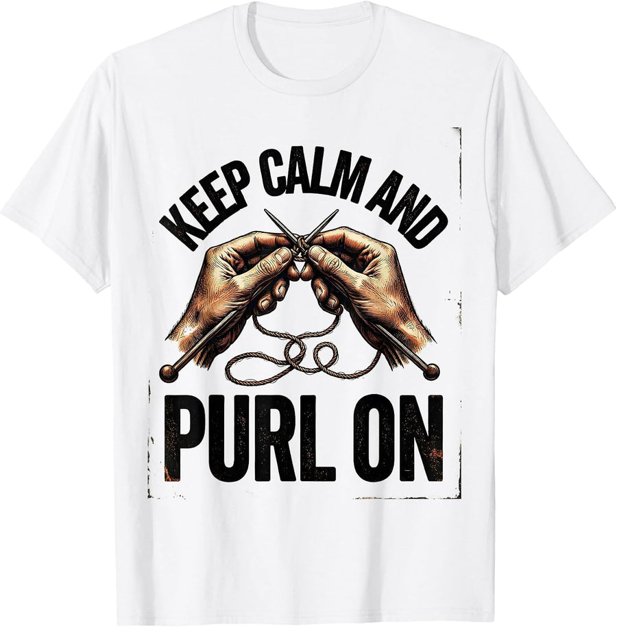 Men's Keep Calm And Purl On Vintage Knitting Humor T-Shirt - White