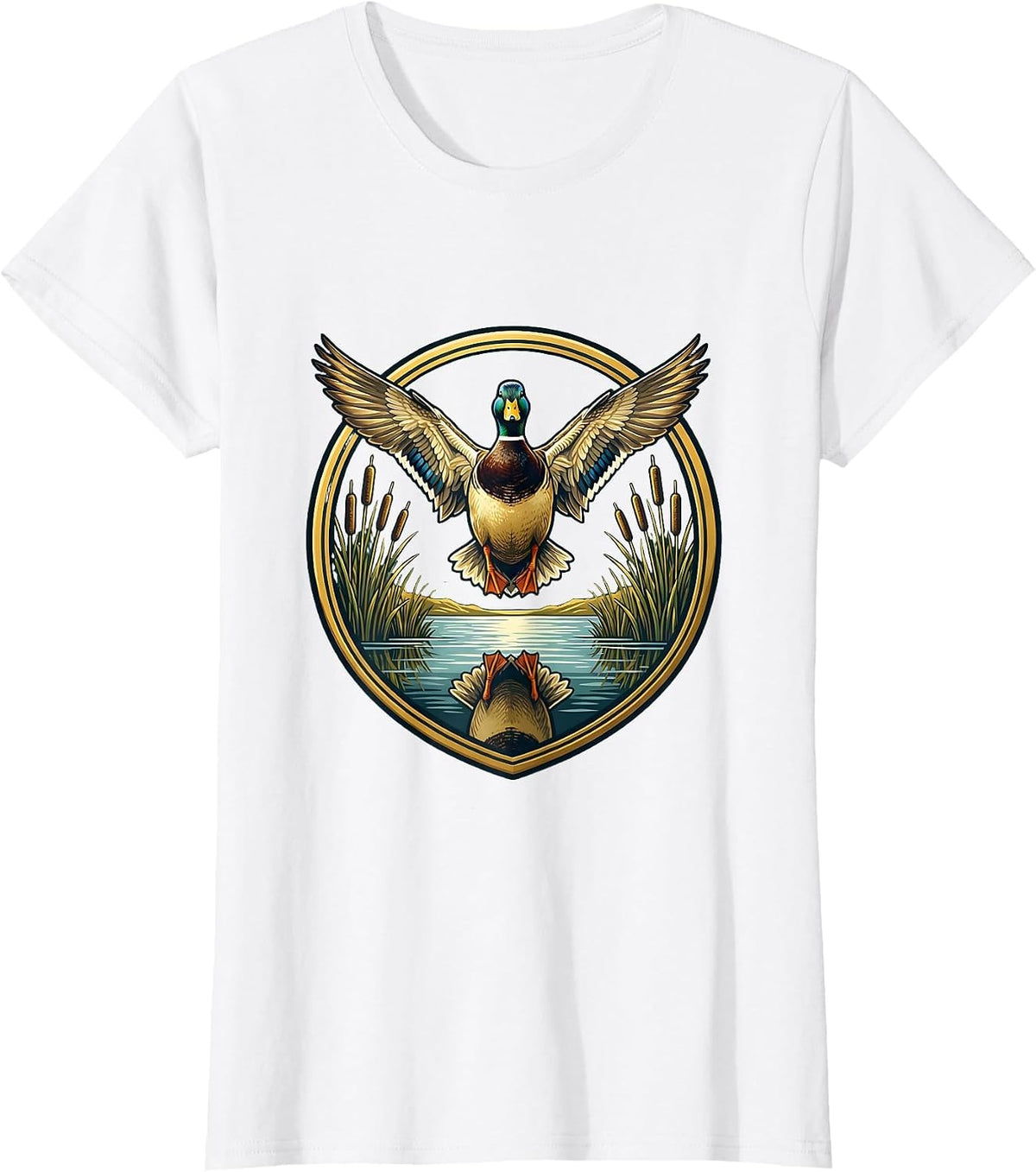 Women's Duck Flying Over Misty Marsh Reeds Illustration T-Shirt - White