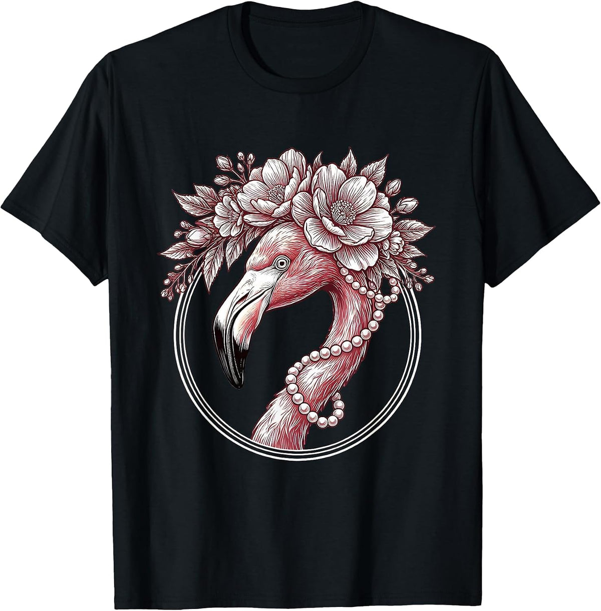 Men's Flamingo Floral Crown and Pearls Illustration T-Shirt - Black