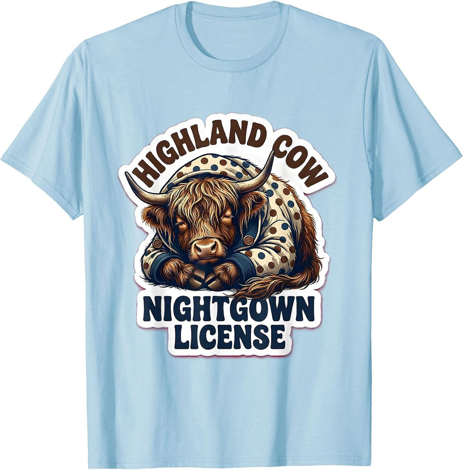 Men's Highland Cow Nightgown License Whimsical Cozy Pajama Humor T-Shirt - Baby Blue