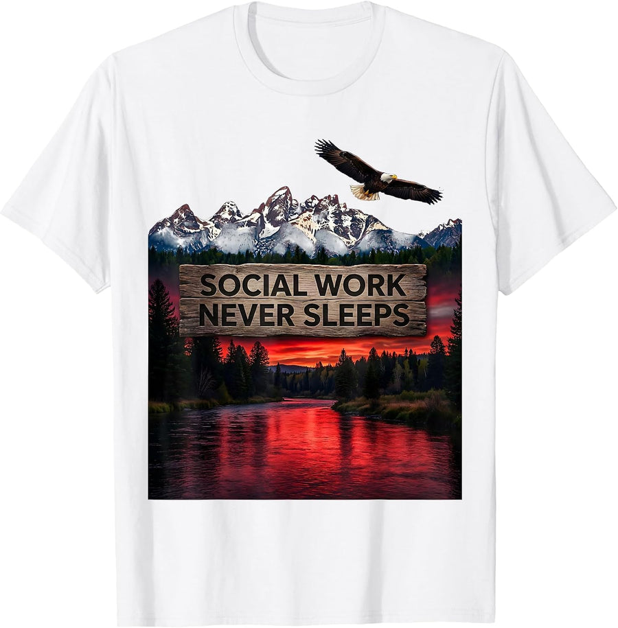 Men's Social Work Never Sleeps Dedication Design T-Shirt - White