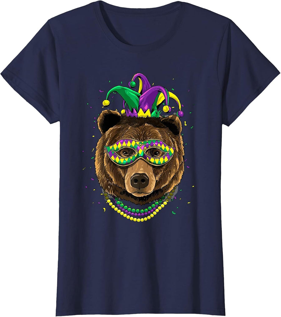 Bear Animal Lover Cute Mardi Gras Carnival Jester T-Shirt, Women, Navy Blue, X-Large - As Pictured