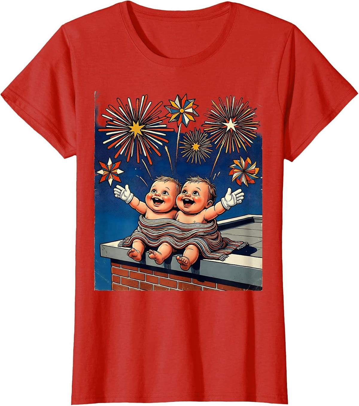 Kids Patriot Day Fireworks Rooftop Night Scene T-Shirt - Red