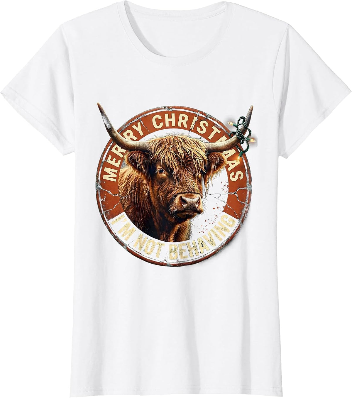 Women's Merry Christmas, I'm Not Behaving Distressed Highland Cow T-Shirt - White
