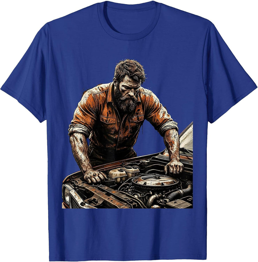 Mechanic Bearded Car Hood Graphic Tee T-Shirt - Royal Blue