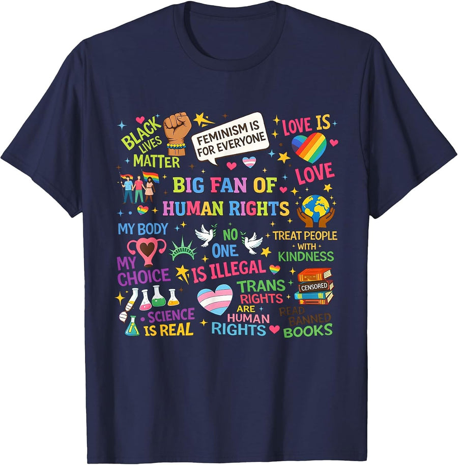 Floral Women Men Big Fan of Human Rights Equality Rainbow T-Shirt - Navy Blue