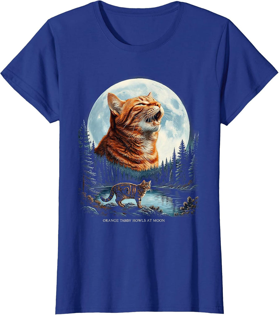 Orange Tabby Howls at Moon 90's Retro Nature Art Cat Lover T-Shirt, Women, Royal Blue, XX-Large - As Pictured
