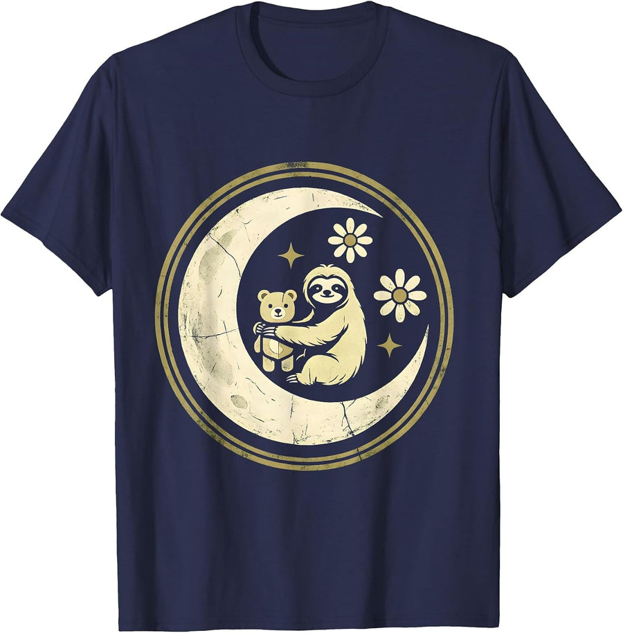 Sleepy Sloth Clutching Stuffed Animal Pajama T-Shirt - Navy Blue