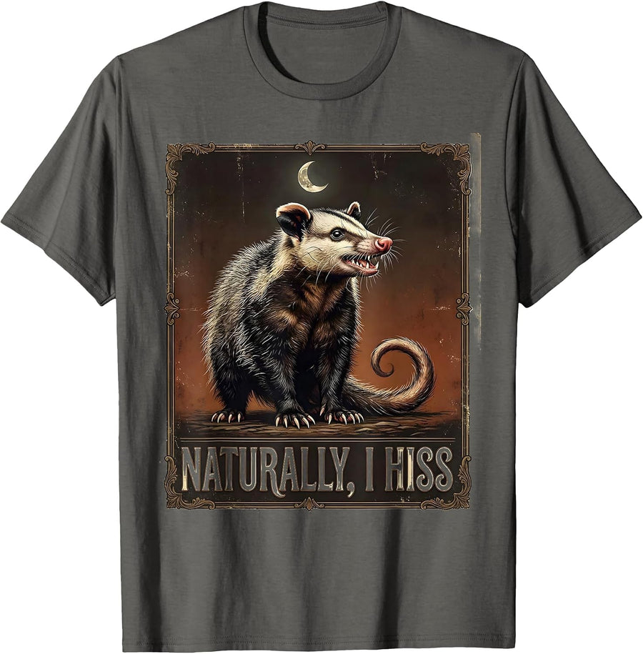 Naturally, I Hiss Vintage Opossum Meme Animal Lover Humor T-Shirt - Asphalt Grey