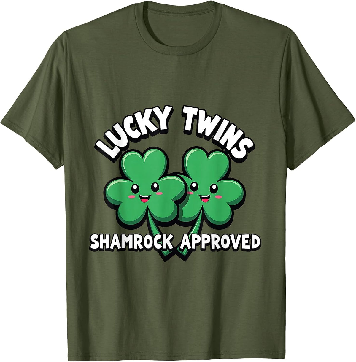Lucky Twins Shamrock Approved St Patrick's Design T-Shirt - Olive Green