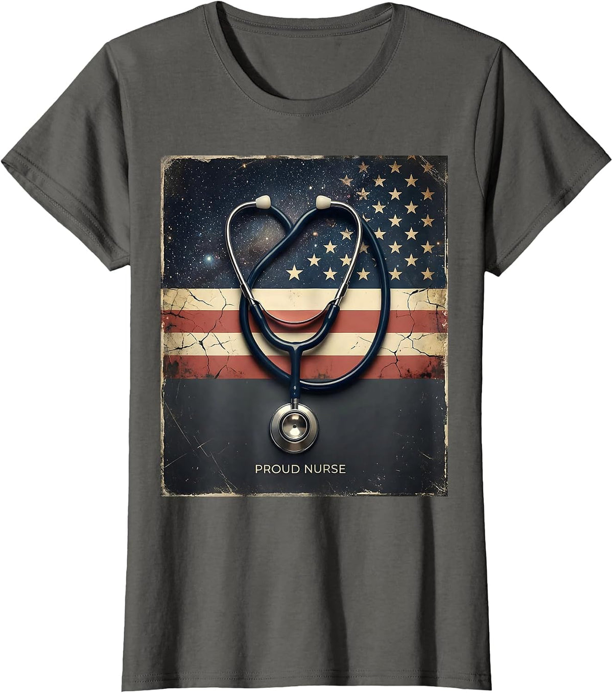 Women's Proud Nurse Distressed American Flag Nurse Pride Casual T-Shirt - Asphalt Grey