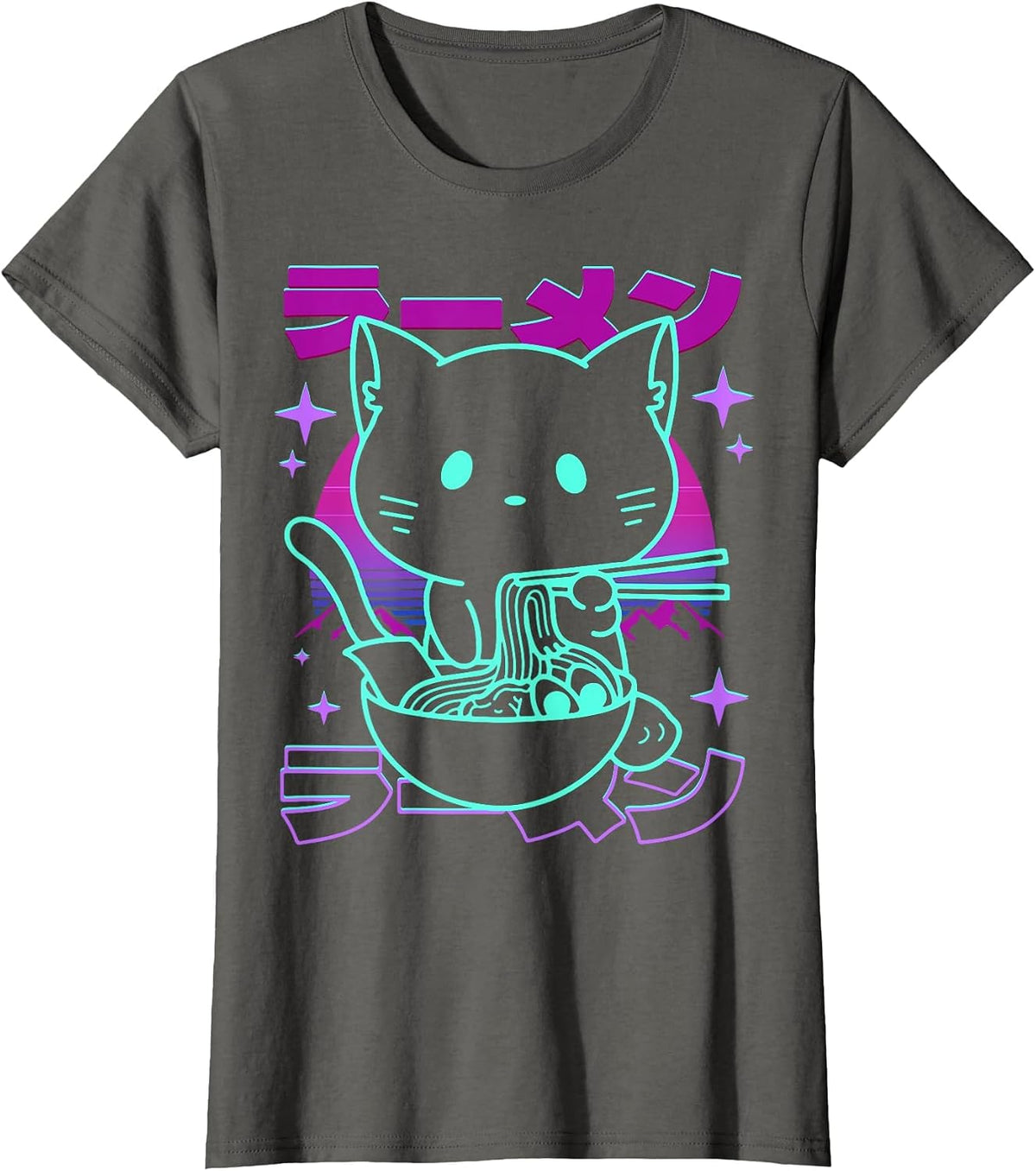 Anime Ramen Cat Retro Japanese Noodles Aesthetic Kawaii Cat T-Shirt - Asphalt Grey
