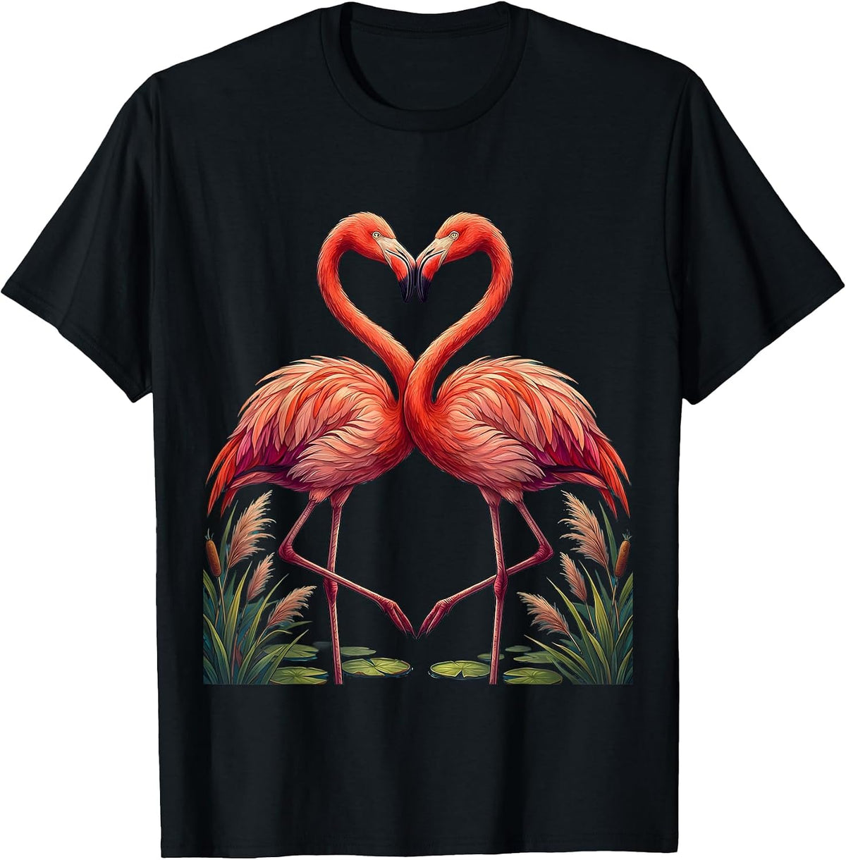 Men's Flamingo Love Couple Romantic Beak to Beak Design T-Shirt - Black