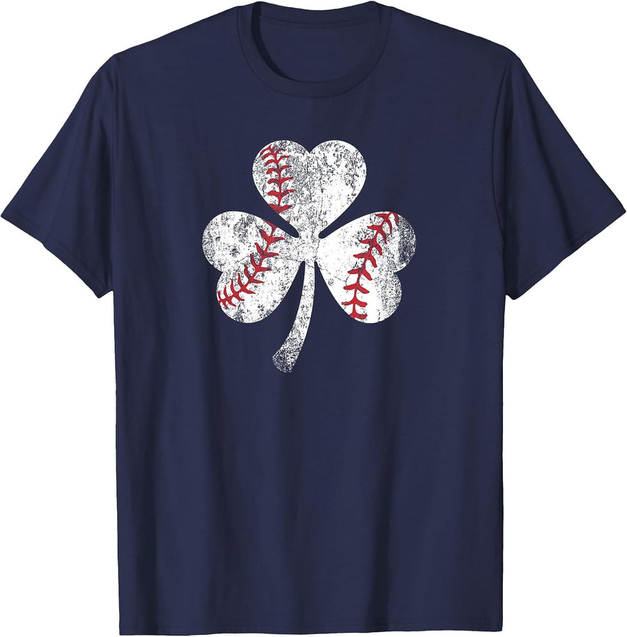 Vintage St Patrick's Day Irish Shamrock Baseball Stitches T-Shirt - Navy Blue