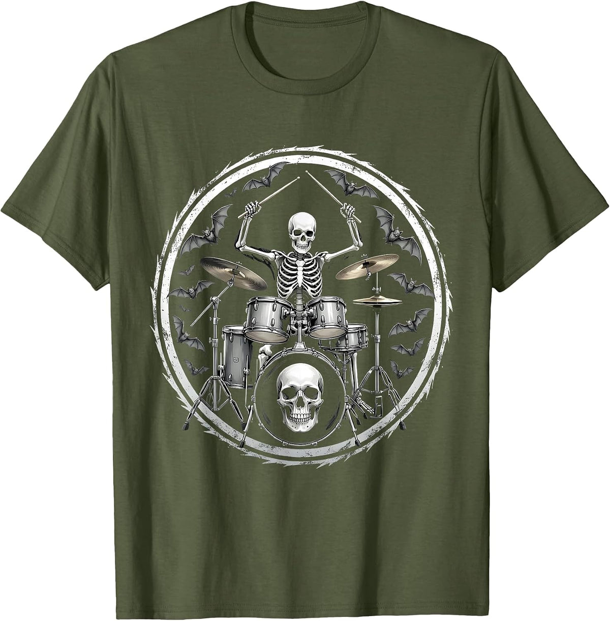 Skeleton Drummer Halloween Bats Graphic T-Shirt - Olive Green