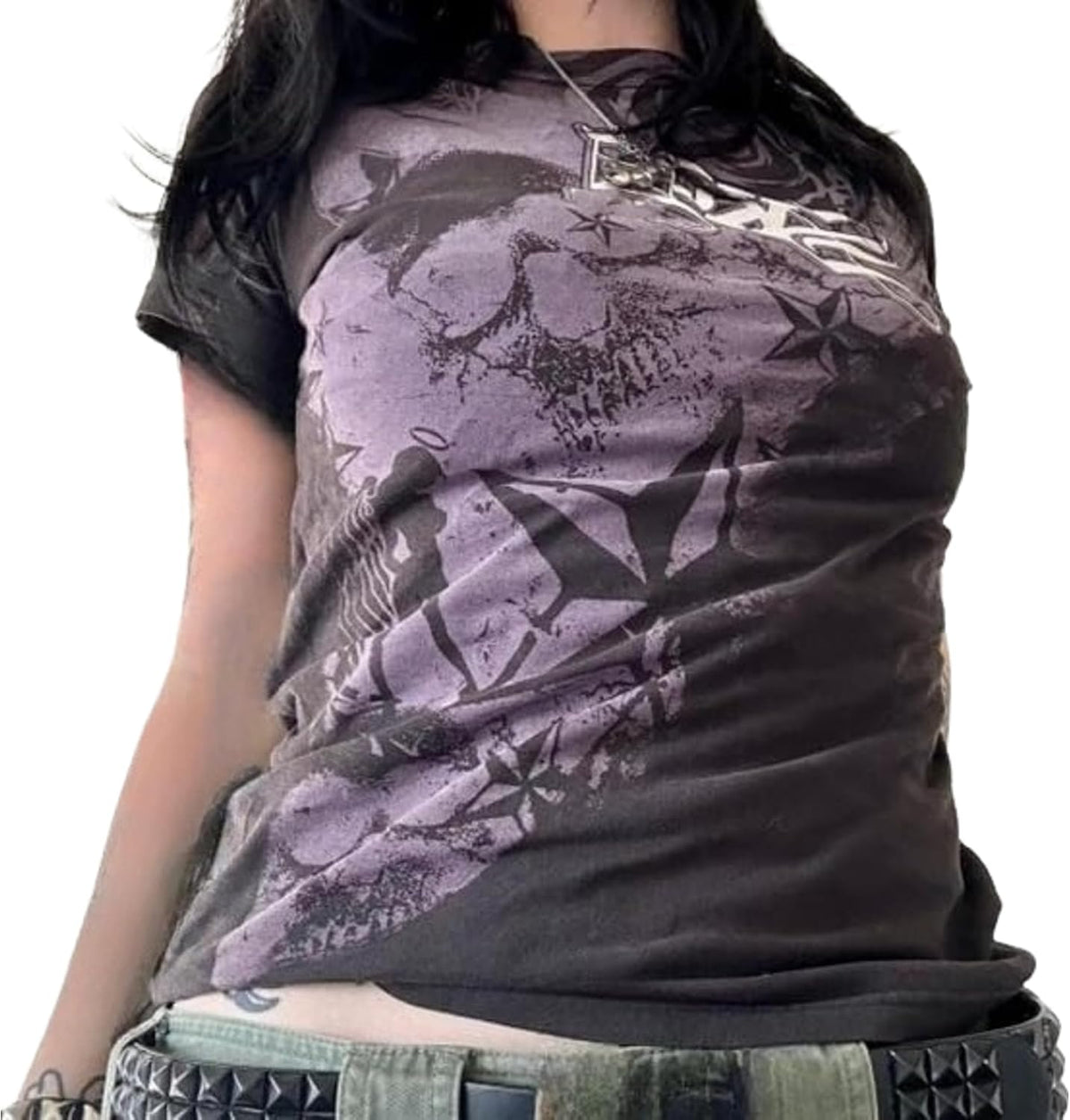 2000s Clothing Women Grunge Shirts Goth Tops Short Sleeve Vintage Tees Emo Clothes Streetwear - Purple01
