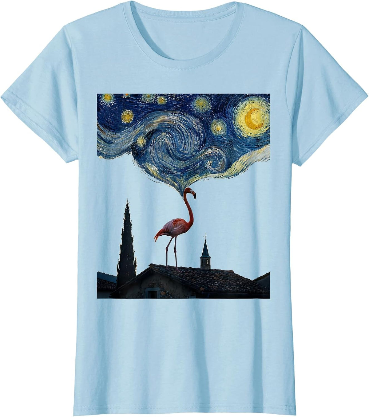 Flamingo Starry Night Minimalist Cat Lover Art Parody T-Shirt - Baby Blue