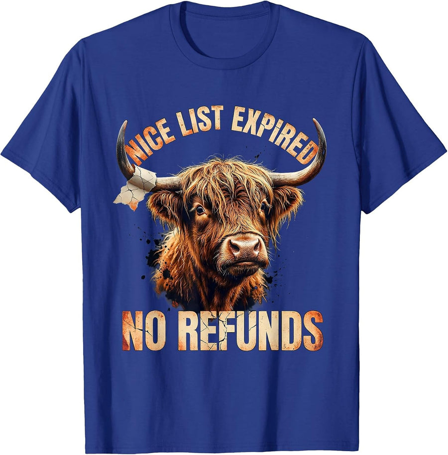 Nice List Expired No Refunds Distressed Highland Cow T-Shirt - Royal Blue