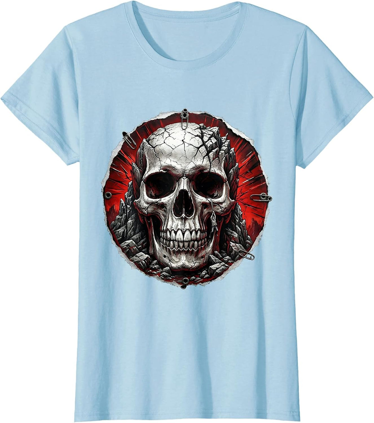 Rock Climber Hanging From Giant Skull Cliff T-Shirt - Baby Blue