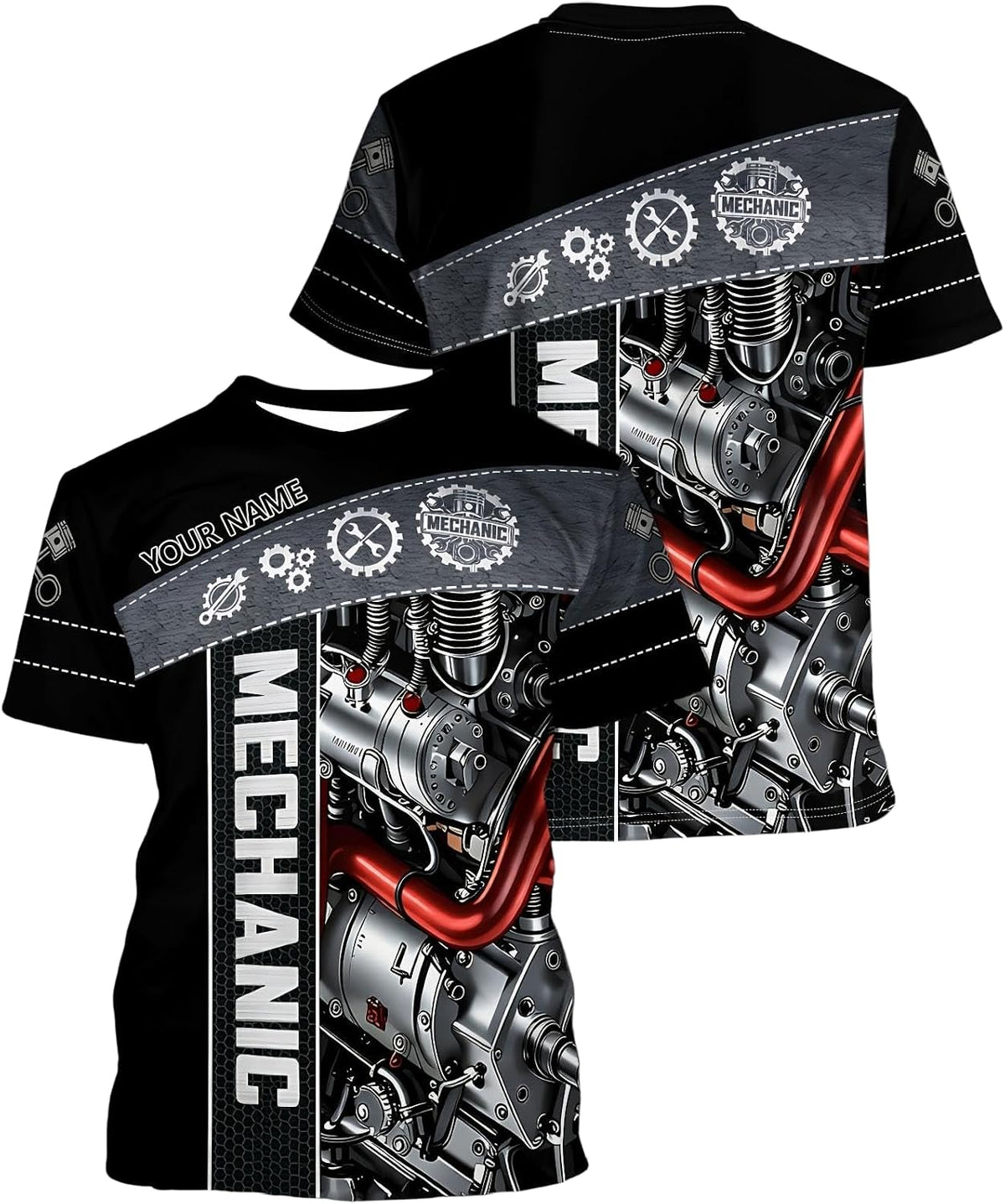 anAura Personalized Mechanic Men's T-Shirt - Black and White