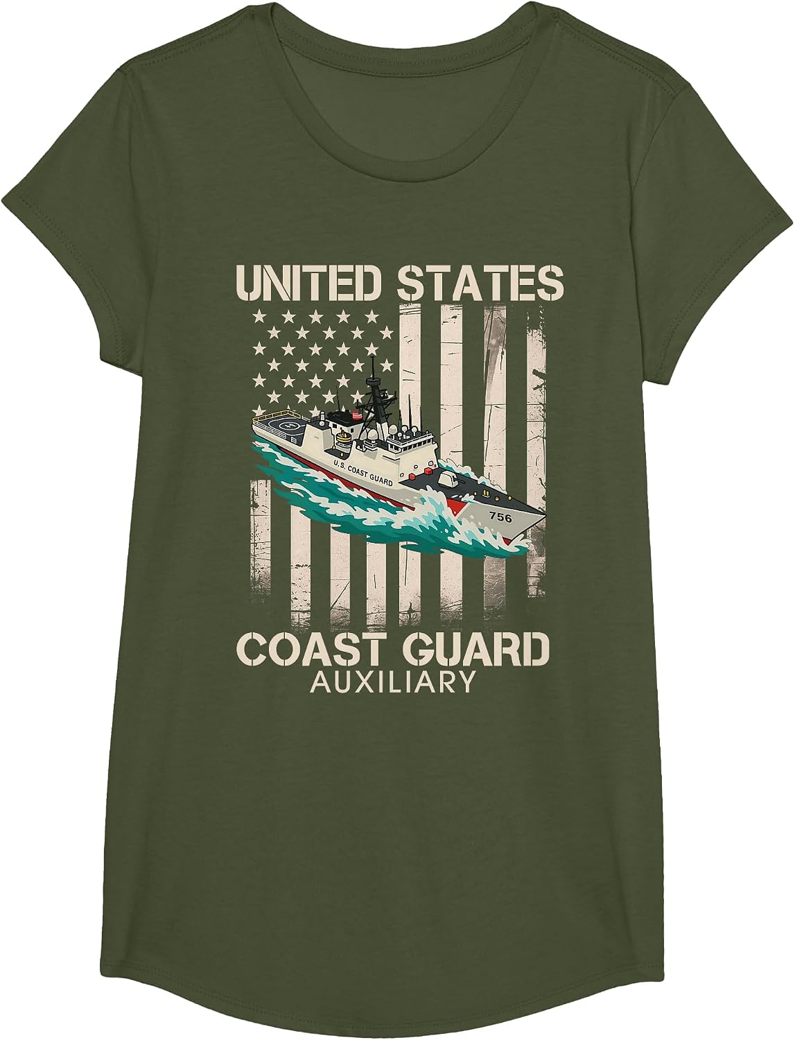Patriotic US Coast Guard Auxiliary USCG USA Flag Veterans T-Shirt - Girls Olive Green
