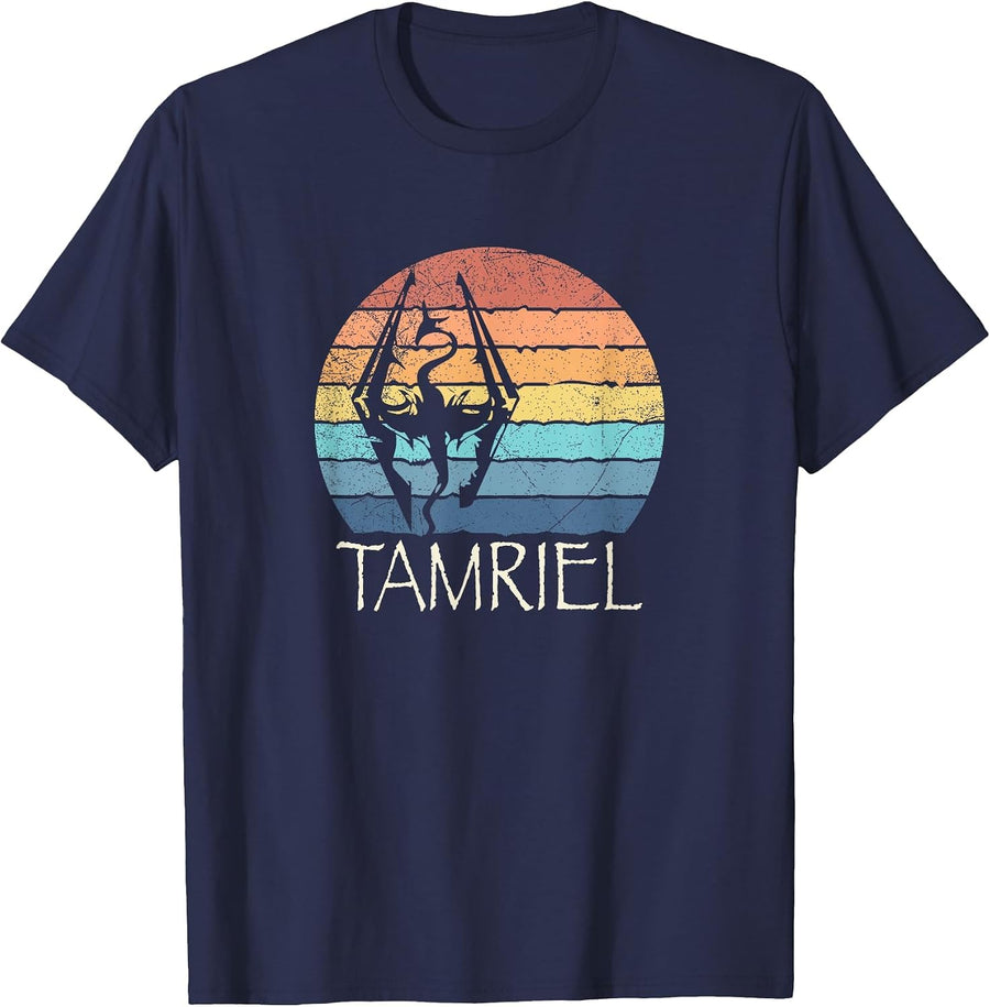 Akatosh: The Tamriel Elder Retro Sunset of The Scrolls Gamer T-Shirt - Navy Blue