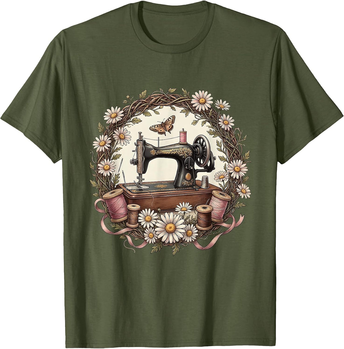 Vintage Sewing Machine Grandma Graphic Tee T-Shirt - Olive Green