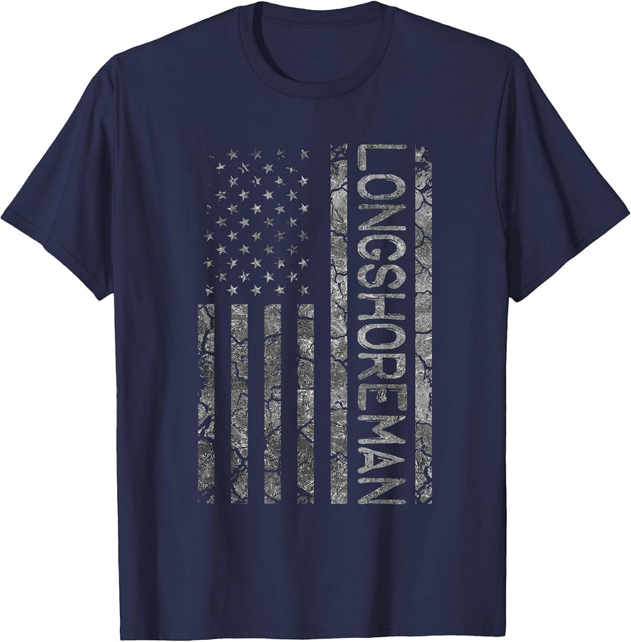 Funny Job Title Worker American Flag Longshoreman T-Shirt - Navy Blue