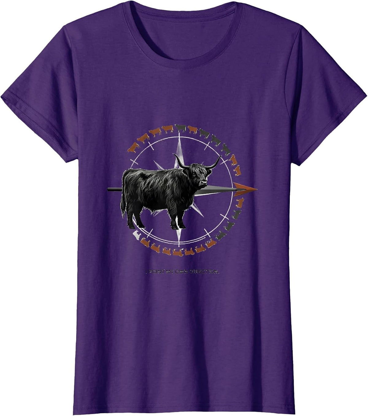 Women's I Point My Own Direction Funny Highland Cow Farm Humor T-Shirt - Purple