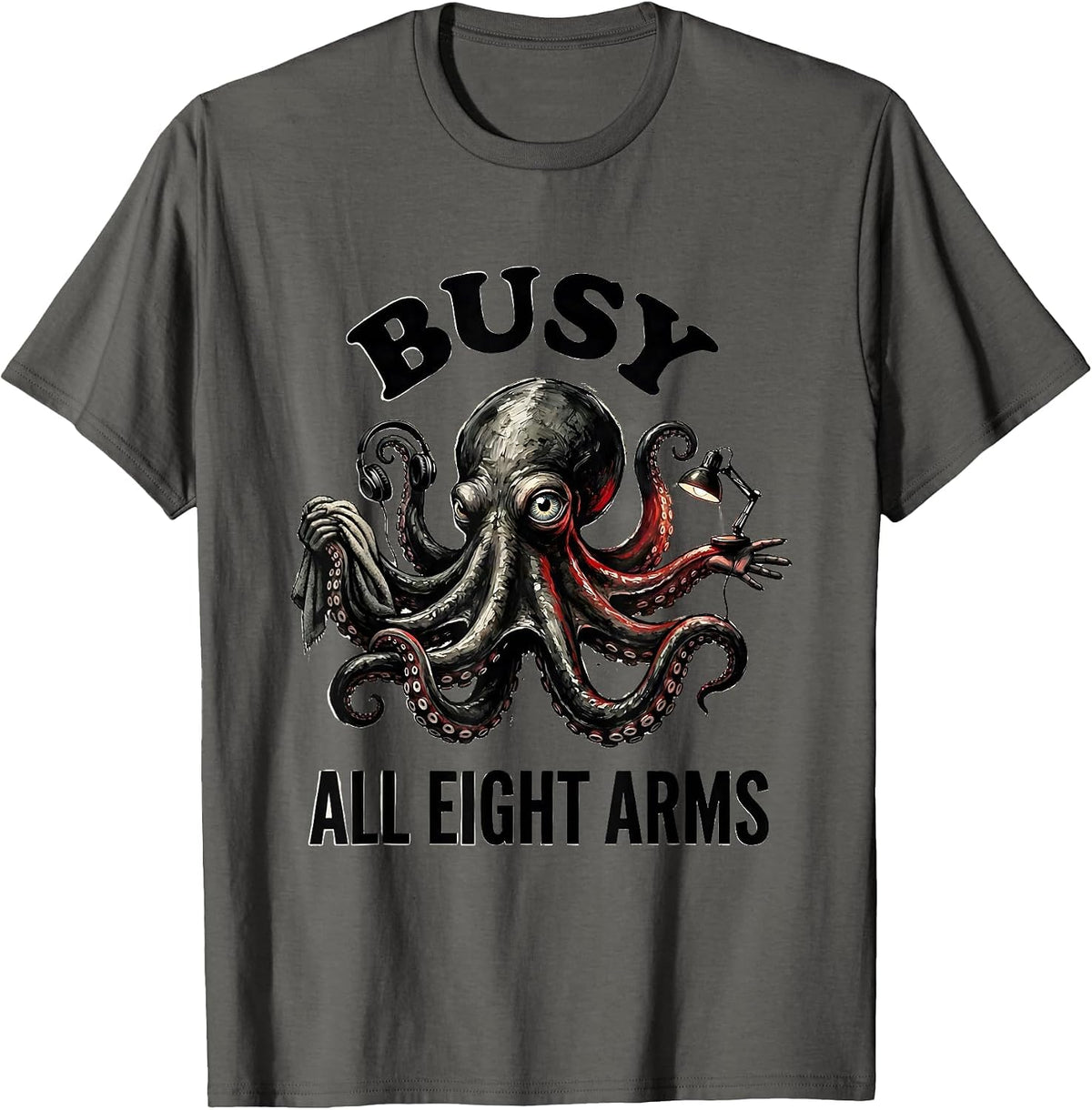 Busy, All Eight Arms Ink Brush Octopus Art Book Lover T-Shirt - Asphalt Grey